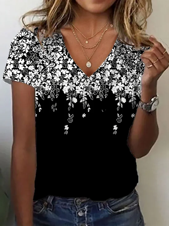 Women Floral Short Sleeve Tee T-shirt V Neck Printing Casual Summer Graphic Tee Top