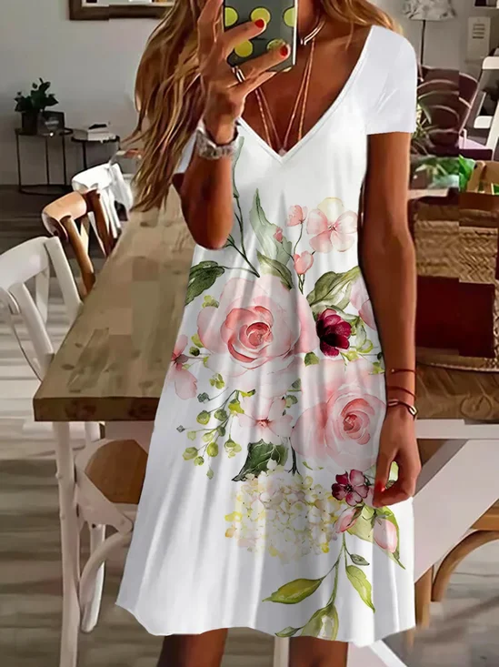 Women Floral Short Sleeve Summer Printing Dress V Neck Daily Casual Midi Fit & Flare Dress A-Line Dress
