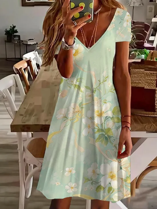 Women Floral Short Sleeve Summer Printing Dress V Neck Daily Casual Midi Fit & Flare Dress A-Line Dress
