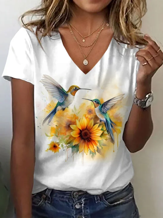 Women Floral Short Sleeve Tee T-shirt V Neck Printing Casual Summer Graphic Tee Top