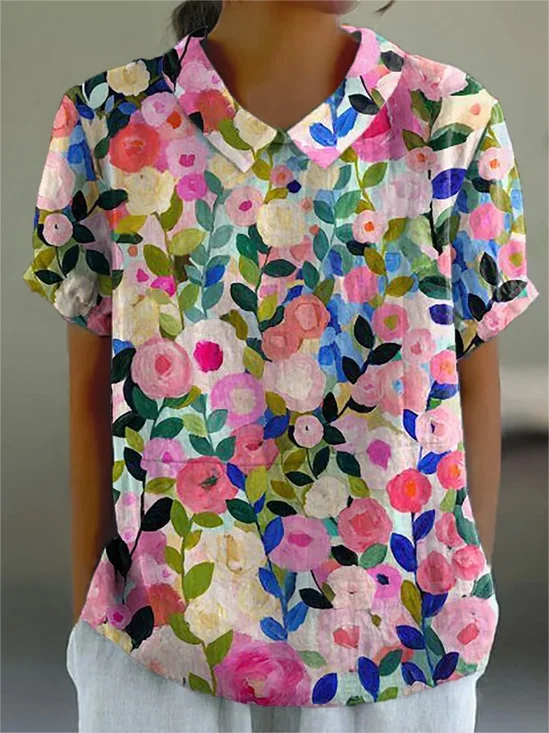 Women Floral Short Sleeve Shirt Summer Printing Shawl Collar Daily Casual Top