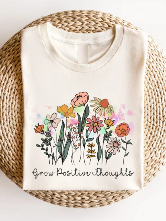 Women Floral Short Sleeve Tee T-shirt Crew Neck Casual Summer Top