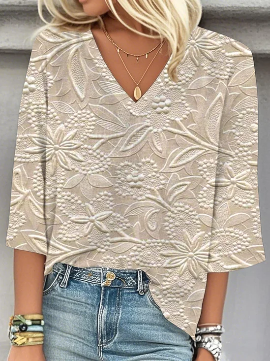 Women 3D Printing Three Quarter Sleeve Blouse Spring/Fall V Neck Daily Casual Top