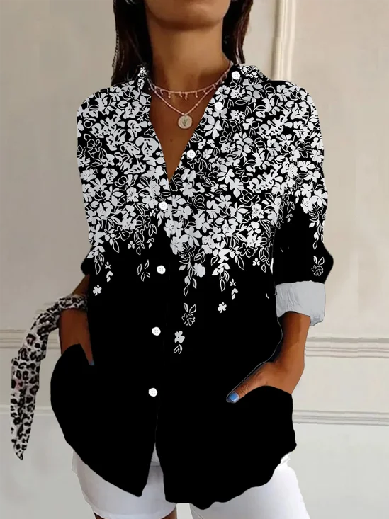 Women Floral Long Sleeve Shirt Spring/Fall Buckle Shirt Collar Daily Casual Top