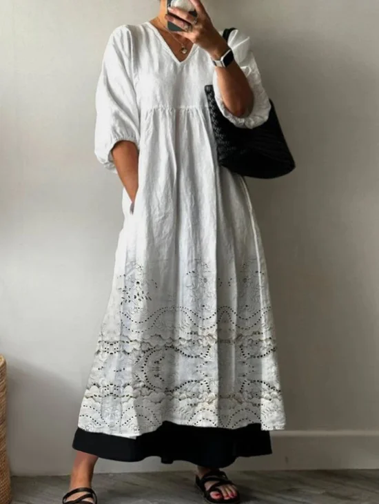Women Floral Half Sleeve Summer Printing Dress V Neck Daily Casual Maxi A-Line Dress