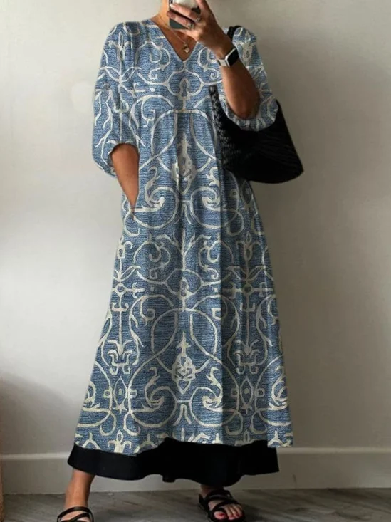 Women Floral Half Sleeve Summer Printing Dress V Neck Daily Casual Maxi A-Line Dress
