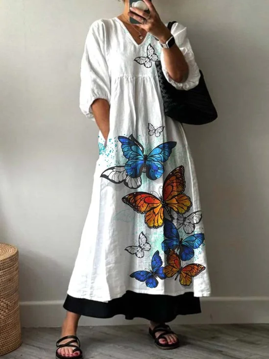 Women Butterfly Half Sleeve Summer Printing Dress V Neck Daily Casual Maxi A-Line Dress
