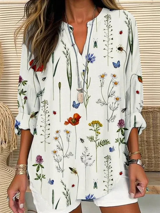 Women Floral Long Sleeve Blouse Spring/Fall Printing V Neck Daily Casual Top