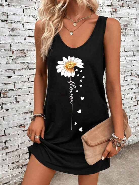 Women Floral Sleeveless Summer Printing Dress Crew Neck Daily Casual Midi Tank X-Line Dress