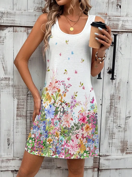 Women Floral Sleeveless Summer Printing Dress Crew Neck Daily Casual Midi Tank X-Line Dress
