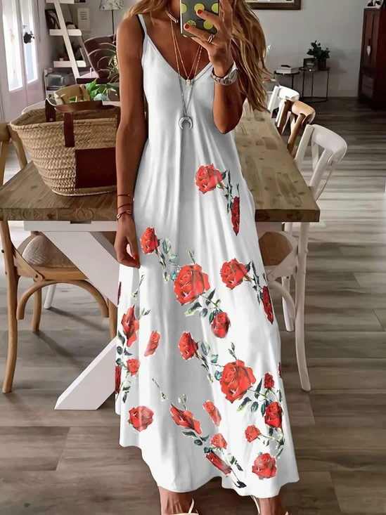 Women Floral Sleeveless Summer Printing Dress V Neck Daily Casual Maxi Slip Dress X-Line Dress