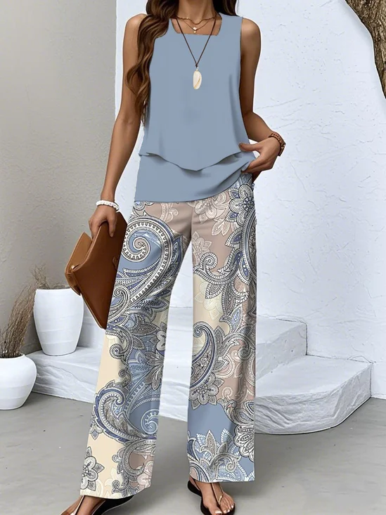 Women Paisley Two-Piece Set Daily Sleeveless Casual Summer Top With Pants Matching Set