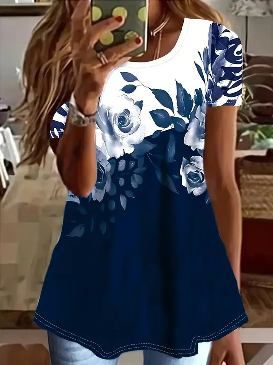 Women Floral Short Sleeve Tee T-shirt Crew Neck Printing Casual Summer Graphic Tee Top