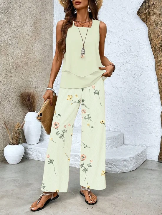Women Floral Printing Two-Piece Set Daily Sleeveless Casual Summer Top With Pants Matching Set