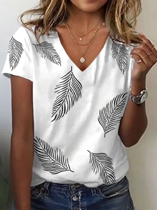 Women Feather Short Sleeve Tee T-shirt V Neck Printing Casual Summer Graphic Tee Top