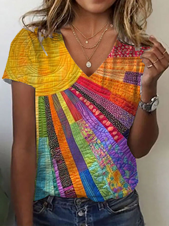 Women Hippie Short Sleeve Tee T-shirt V Neck Printing Casual Summer Graphic Tee Top
