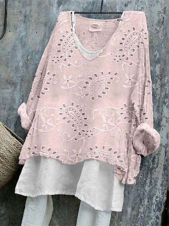 Women Paisley Long Sleeve Tee T-shirt V Neck Vintage Spring/Fall Top