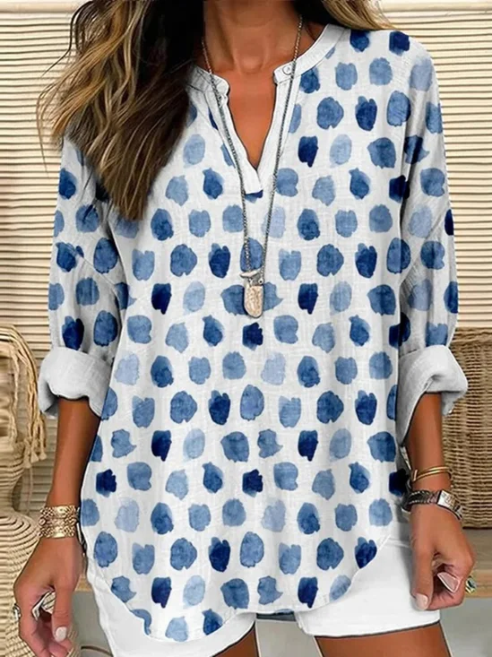 Women Geometric Half Sleeve Blouse Summer Shawl Collar Daily Casual Top