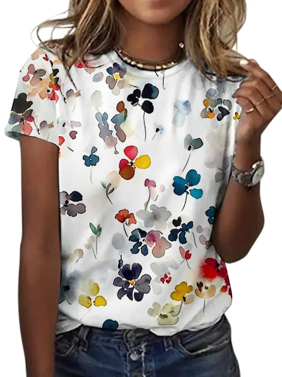 Women Floral Short Sleeve Tee T-shirt Crew Neck Casual Summer Top