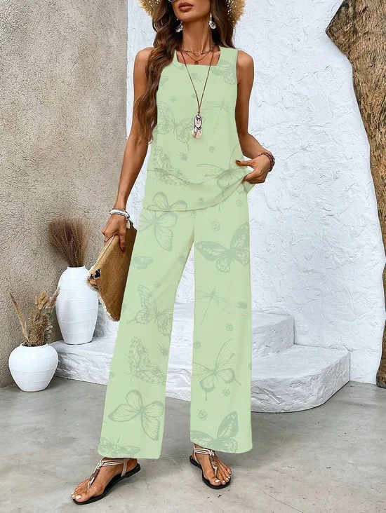 Women Butterfly Printing Two-Piece Set Daily Sleeveless Casual Summer Top With Pants Matching Set