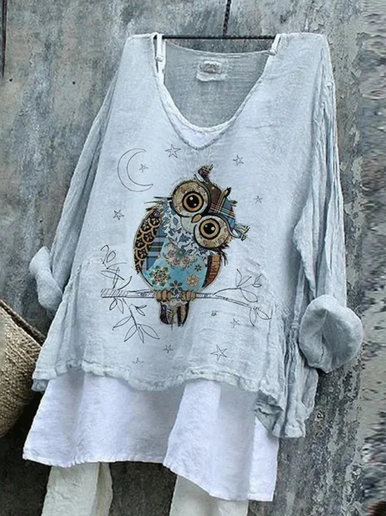 Women Animal Long Sleeve Tee T-shirt V Neck Vintage Spring/Fall Top