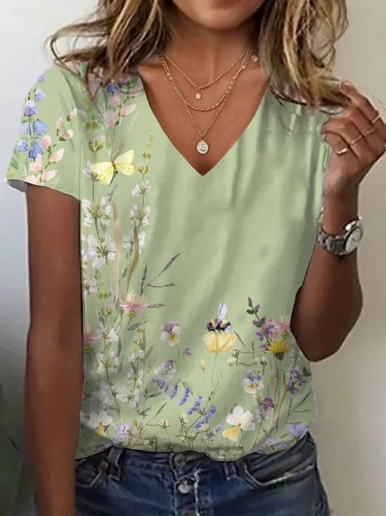 Women Floral Short Sleeve Tee T-shirt V Neck Printing Casual Summer Graphic Tee Top
