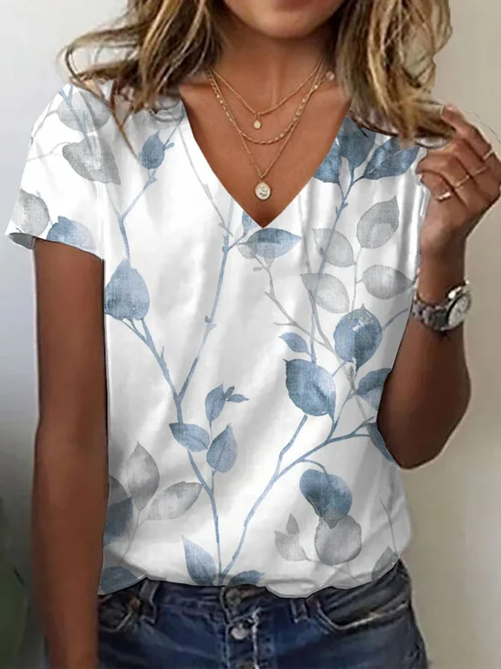 Women Floral Short Sleeve Tee T-shirt V Neck Printing Casual Summer Graphic Tee Top