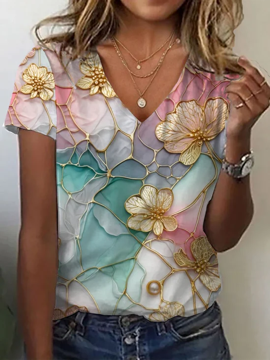 Women Floral Short Sleeve Tee T-shirt V Neck Printing Casual Summer Graphic Tee Top