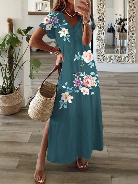 Women Floral Short Sleeve Summer Printing Dress V Neck Daily Casual Maxi T-Shirt Dress X-Line Dress