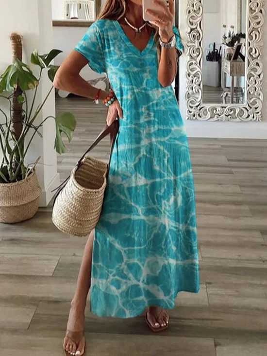 Women Abstract Short Sleeve Summer Printing Dress V Neck Daily Casual Maxi T-Shirt Dress X-Line Dress