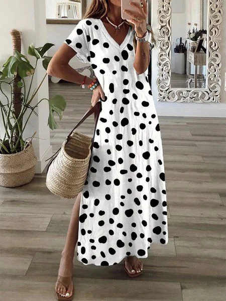 Women Polka Dots Short Sleeve Summer Printing Dress V Neck Daily Casual Maxi T-Shirt Dress X-Line Dress