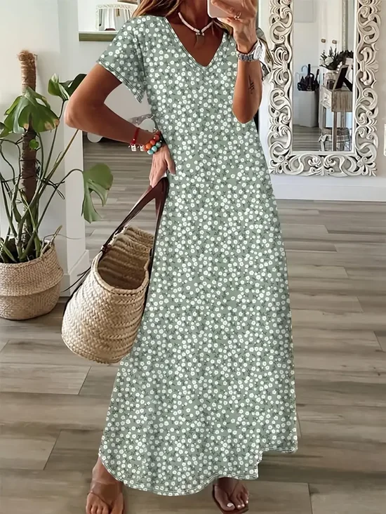 Women Floral Short Sleeve Summer Printing Dress V Neck Daily Casual Maxi T-Shirt Dress X-Line Dress