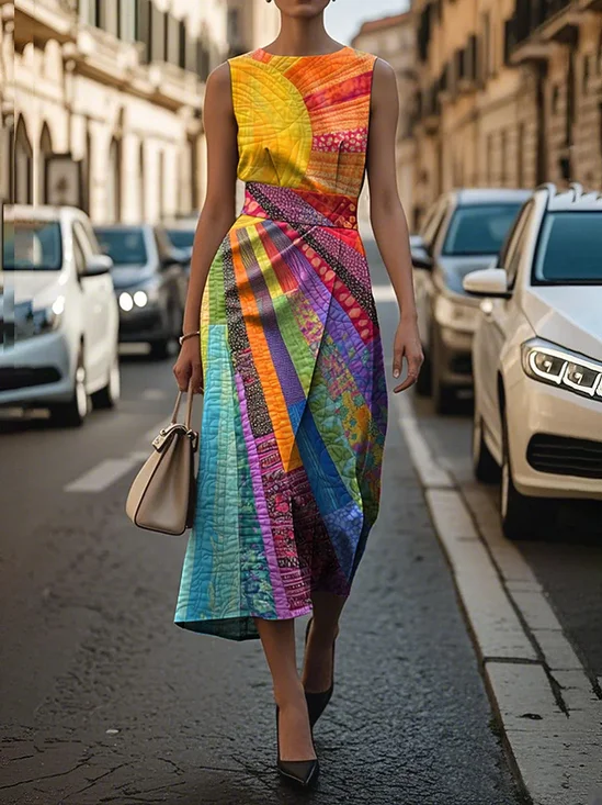 Women Hippie Sleeveless Summer Printing Dress Crew Neck Daily Vintage Maxi Shift Dress H-Line Dress
