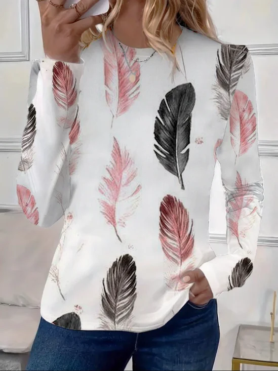 Women Feather Long Sleeve Tee T-shirt Crew Neck Printing Casual Spring/Fall Graphic Tee Top