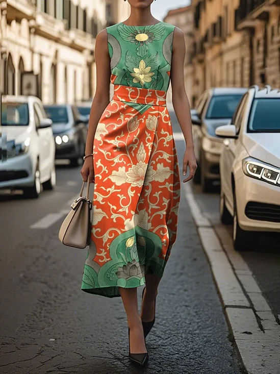 Women Floral Sleeveless Summer Printing Dress Crew Neck Daily Vintage Maxi Shift Dress H-Line Dress