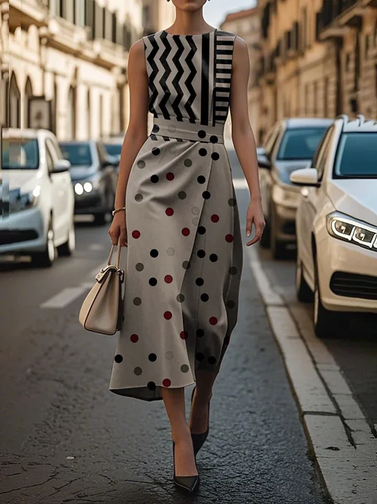 Women Geometric Sleeveless Summer Printing Dress Crew Neck Daily Vintage Maxi Shift Dress H-Line Dress