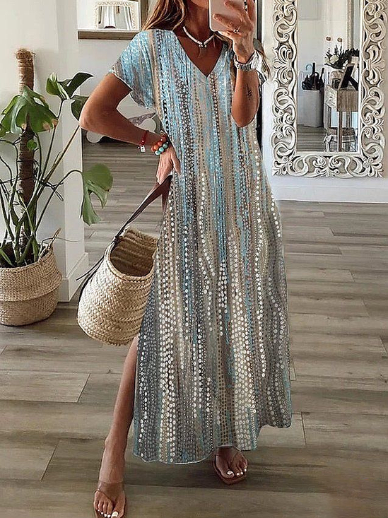 Women Abstract Short Sleeve Summer Dress V Neck Daily Casual Maxi T-Shirt Dress X-Line Dress