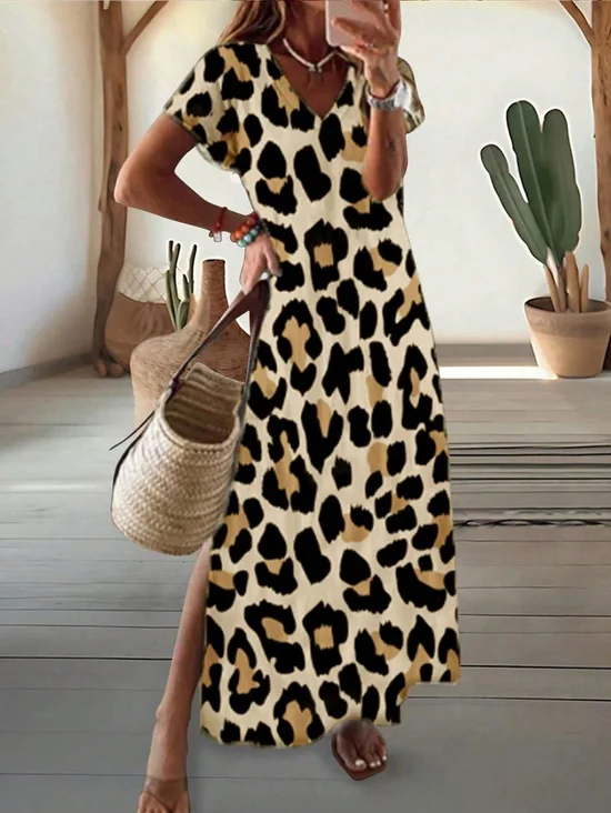 Women Leopard Short Sleeve Summer Printing Dress V Neck Daily Casual Maxi T-Shirt Dress X-Line Dress