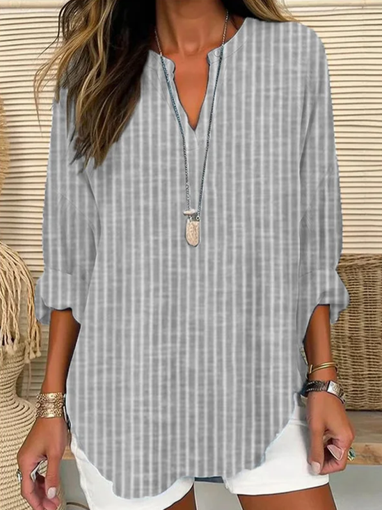 Women Striped Long Sleeve Blouse Spring/Fall Printing V Neck Daily Casual Top