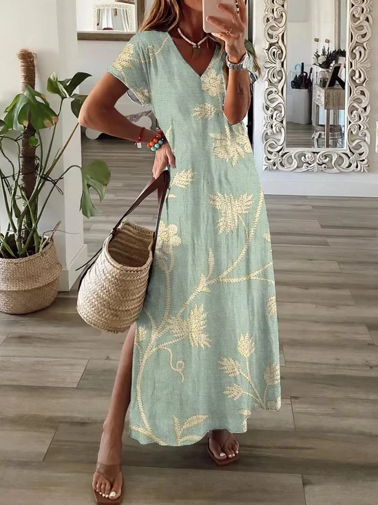 Women Floral Short Sleeve Summer Printing Dress V Neck Daily Casual Maxi T-Shirt Dress X-Line Dress