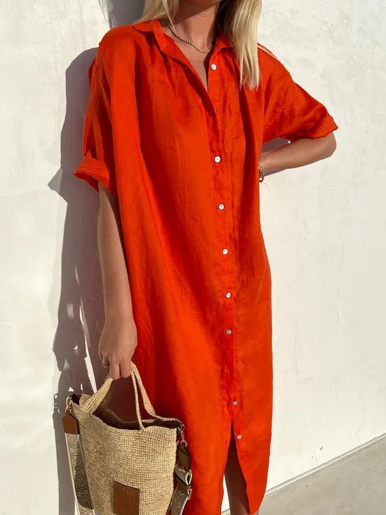 Women's Plain Half Sleeve Summer Printing Dress Shirt Collar Daily Casual Maxi Shirt Dress H-Line Dress