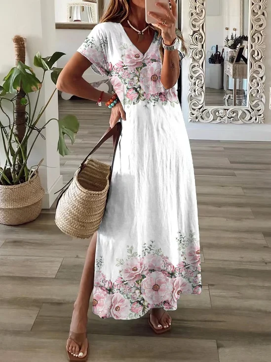 Women Floral Short Sleeve Summer Printing Dress V Neck Daily Casual Maxi T-Shirt Dress X-Line Dress