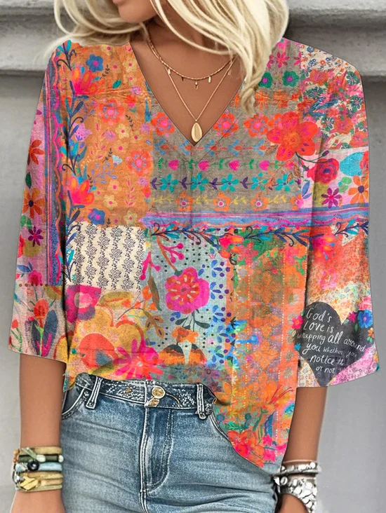 Women 3D Printing Three Quarter Sleeve Blouse Spring/Fall V Neck Daily Casual Top
