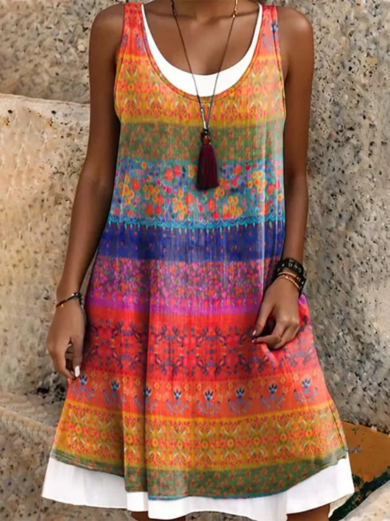 Women Ethnic Sleeveless Summer Dress Crew Neck Daily Casual Midi A-Line Dress
