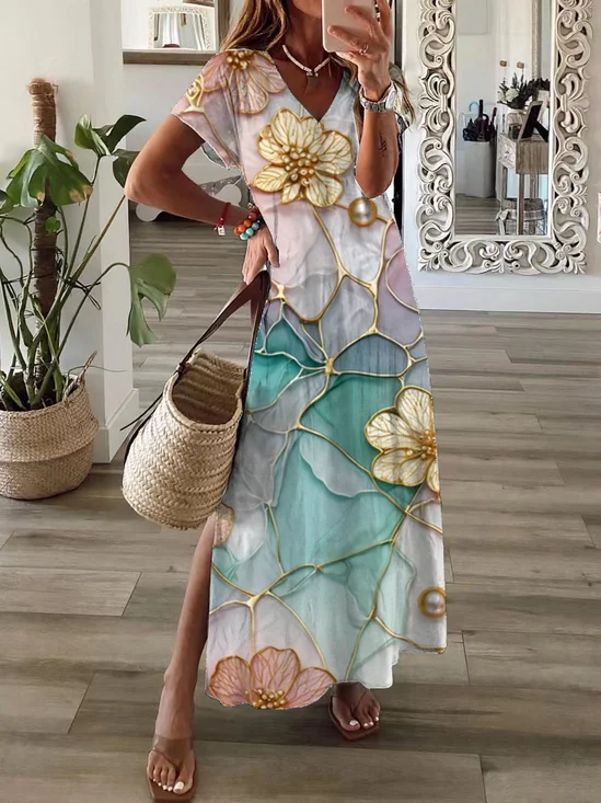 Women Floral Short Sleeve Summer Printing Dress V Neck Daily Casual Maxi T-Shirt Dress X-Line Dress