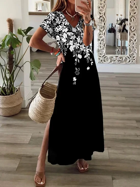 Women Floral Short Sleeve Summer Printing Dress V Neck Daily Casual Maxi T-Shirt Dress X-Line Dress