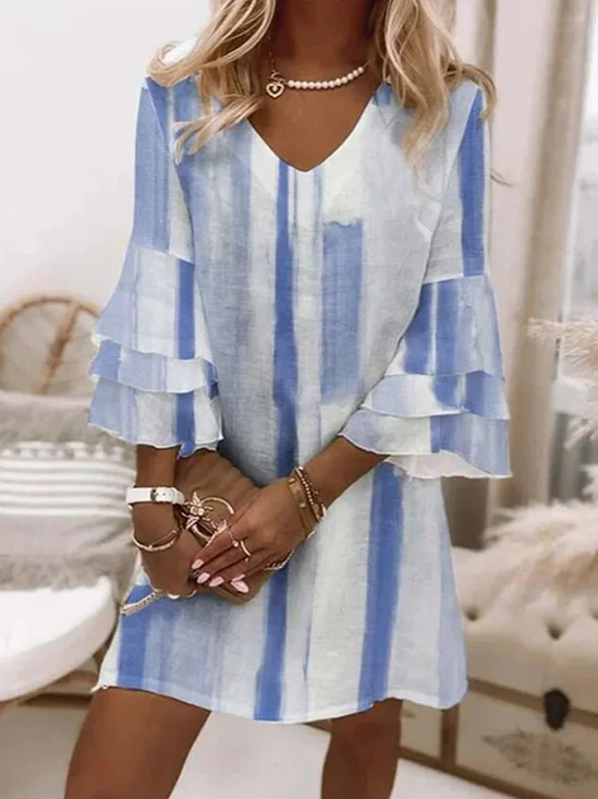Women Floral Half Sleeve Summer Dress V Neck Daily Boho Midi Beach Dress H-Line Dress