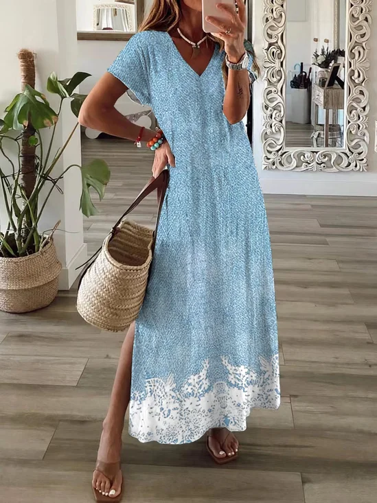 Women Floral Short Sleeve Summer Printing Dress V Neck Daily Casual Maxi T-Shirt Dress X-Line Dress