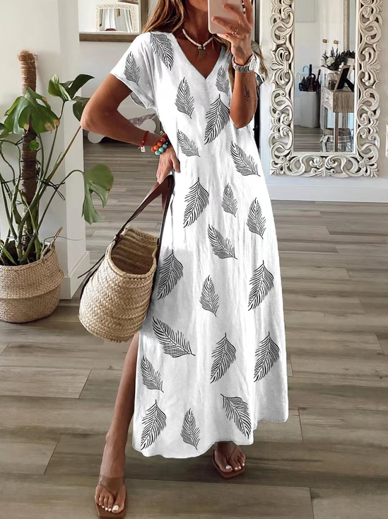 Women Feather Short Sleeve Summer Printing Dress V Neck Daily Casual Maxi T-Shirt Dress X-Line Dress
