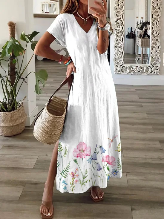Women Floral Short Sleeve Summer Printing Dress V Neck Daily Casual Maxi T-Shirt Dress X-Line Dress
